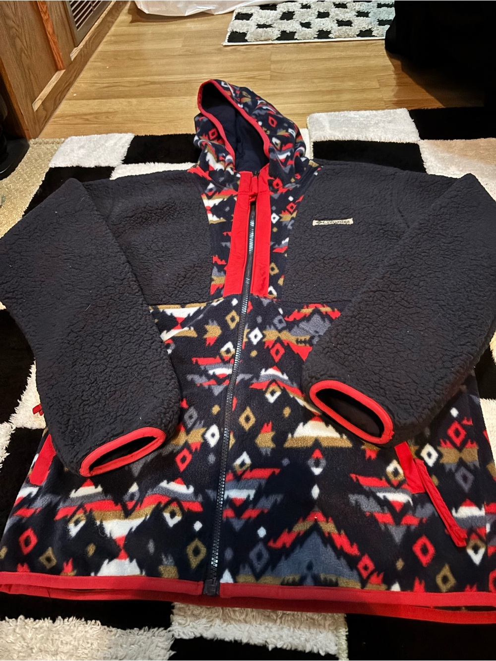 Columbia Black and Brown Sherpa Fleece Jacket with Red Accent